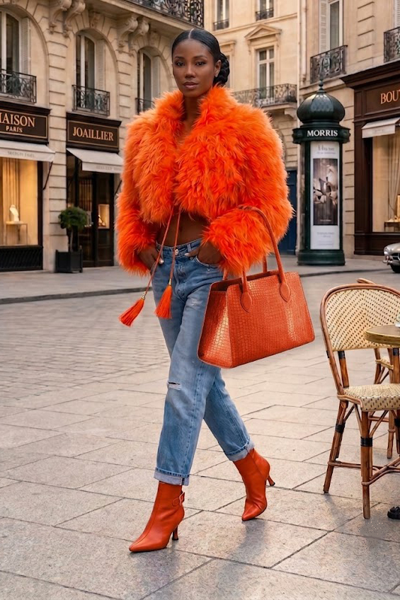 Dress ankle boots back buckles in clementine orange leather with high spool heels and pointed toe - Worn view